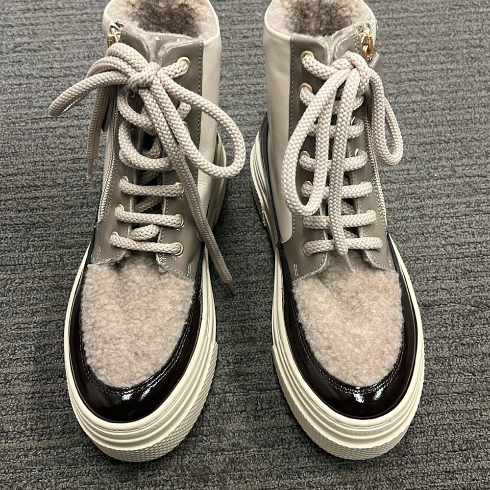 Sole Bliss fleece and patent high top sneakers
